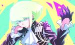  1boy absurdres black_gloves black_jacket buckle closed_mouth cravat earrings face fire frilled_sleeves frills gloves green_hair half_gloves highres huge_filesize jacket jewelry jipponwazaari lio_fotia male_focus promare purple_eyes simple_background solo upper_body 