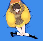  1girl absurdres aomushi_(mushamusha) bangs bird blush brown_eyes brown_hair chi-hatan_military_uniform duck girls_und_panzer green_eyes highres hosomi_(girls_und_panzer) long_sleeves lying on_back pleated_skirt skirt socks solo tongue yellow_skirt 