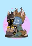  &lt;3 absurd_res anonymous_artist anthro antlers blush brown_fur claws digital_media_(artwork) duo fluffy fur hi_res horn hug male male/male mammal nude paws protogen simple_background smile tan_fur tongue zapp_(ashton) 