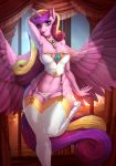  2019 absurd_res anthro breasts camel_toe cleavage clothed clothing collaboration collar corset cutie_mark digital_media_(artwork) equid eyelashes feathered_wings feathers female friendship_is_magic garter_straps hair hand_behind_head hi_res horn inside jewelry legwear lingerie long_hair longinius looking_at_viewer mammal multicolored_hair multicolored_tail my_little_pony necklace on_one_leg open_mouth open_smile panties princess_cadance_(mlp) purple_eyes smile solo spread_wings standing stockings underwear vest_(artist) wide_hips winged_unicorn wings 