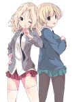  2girls back-to-back bangs black_legwear black_neckwear blazer blonde_hair blouse blue_eyes blue_skirt blue_sweater braid collared_blouse commentary cowboy_shot darjeeling dress_shirt eyebrows_visible_through_hair finger_to_mouth from_behind girls_und_panzer grey_jacket hair_intakes hand_on_hip head_tilt jacket kay_(girls_und_panzer) long_hair long_sleeves looking_at_viewer looking_back miniskirt multiple_girls necktie one_eye_closed open_clothes open_jacket open_mouth pantyhose pleated_skirt red_skirt saunders_school_uniform school_uniform shirt short_hair shushing simple_background skirt smile st._gloriana&#039;s_school_uniform standing sweater thighhighs tied_hair tom_q_(tomtoq) white_background white_blouse white_legwear white_shirt 