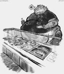  alligator alligatorid annoyed anthro aokmaidu belly belly_overhang big_belly buffet clothed clothing crocodilian cutlery double_chin finnish_text fork greyscale hi_res holding_object inside kitchen_utensils male midriff monochrome moobs obese obese_male overweight overweight_male plate reptile scales scalie solo speech_bubble standing teeth text tools 