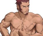  1boy abs beard blue_eyes brown_hair chest facial_hair fate/grand_order fate_(series) horikwawataru looking_at_viewer male_focus muscle napoleon_bonaparte_(fate/grand_order) pectorals scar solo toned toned_male tongue tongue_out topless white_background 