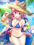  1girl animal_ear_fluff animal_ears beach beer_mug bikini blue_bikini blush bracelet breasts cleavage commentary_request cup dappled_sunlight dessert fang fate/grand_order fate_(series) feet_out_of_frame food fox_ears groin hat highres holding holding_cup innertube jewelry large_breasts masayo_(gin_no_ame) medium_hair navel necklace palm_tree pink_hair side-tie_bikini solo straw_hat sunlight swimsuit tamamo_(fate)_(all) tamamo_no_mae_(fate) tamamo_no_mae_(swimsuit_lancer)_(fate) tree water yellow_eyes 