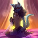  1:1 2019 ambiguous_gender anthro bed bedroom canid canine detailed_background featureless_crotch hi_res lucario mammal nintendo pok&eacute;mon pok&eacute;mon_(species) seductive smile the1an1 tongue video_games 