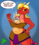  2019 anthro bare_shoulders between_breasts beverage big_breasts blonde_hair bottomwear breasts cleavage clothed clothing cup dragon english_text female glowing glowing_belly glowing_breasts hair hand_on_hip hi_res magma_(sparkpad) skirt slightly_chubby solo sparkpad steam tea text tube_top 