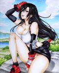  1girl absurdres bare_shoulders black_hair black_skirt blue_sky blush breasts brown_eyes cleavage commentary_request earrings elbow_gloves elbow_pads final_fantasy final_fantasy_vii fingerless_gloves gloves hand_on_head highres hmdark-9 jewelry lake large_breasts long_hair looking_at_viewer low-tied_long_hair marker_(medium) midriff miniskirt no_panties one_eye_closed open_mouth outdoors pencil_skirt red_footwear scenery shirt sitting skirt sky suspender_skirt suspenders tank_top taut_clothes taut_shirt thighs tifa_lockhart traditional_media tree 