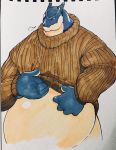  2019 96_gatefield anthro belly big_belly blue_scales clothed clothing clothing_lift dragon hi_res horn male overweight overweight_male scales shirt shirt_lift solo sweater_lift topwear traditional_media_(artwork) turtleneck 