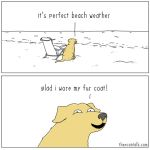  1:1 ambiguous_gender beach border canid canine canis comic domestic_dog english_text fur jimmy_craig mammal open_mouth sand seaside simple_background sitting text theycantalk water white_background white_border 