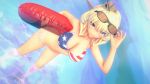  1girl american_flag_bikini bikini blonde_hair blue_eyes breasts cleavage colorado_(kantai_collection) commentary_request dutch_angle enemy_lifebuoy_(kantai_collection) eyewear_on_head flag_print garrison_cap hat headgear highres kantai_collection large_breasts multicolored multicolored_background short_hair side_braids smile solo stoic_(symbolic) sunglasses swimsuit water 