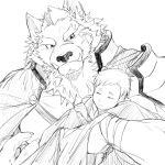  1:1 2019 anthro canid canine canis child demon duo facial_hair fur hair hi_res human line_art mammal marchosias scar tobikara10 tobikara3 tokyo_afterschool_summoners video_games wolf young 