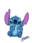  2019 3:4 4_toes alien blue_claws blue_eyes blue_fur blue_nose blue_pawpads claws colored_sketch disney experiment_(lilo_and_stitch) fur hand_on_leg harara head_tuft hi_res lilo_and_stitch notched_ear pawpads signature simple_background sitting solo stitch_(lilo_and_stitch) thinking toes tuft white_background 