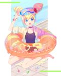 1girl adjusting_eyewear blonde_hair blue_eyes bracelet candy double_bun food goggles highres innertube jewelry lollipop looking_at_viewer lucia_fex multicolored_hair open_mouth pool poolside promare rice_(rice8p) sitting swimsuit two-tone_hair 