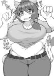  ambiguous_gender anthro belly belly_grab belt big_breasts blush bottomwear bovid bovine breasts cattle clothing female hi_res horn huge_breasts jeans mammal megane_inu open_mouth pants ribbons shirt slightly_chubby thick_thighs topwear voluptuous wide_hips 