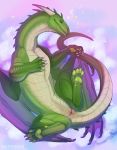  2019 ambiguous_gender animal_genitalia beige_scales claws cloaca digital_media_(artwork) dragon eyes_closed feral green_pawpads green_scales hi_res jasafarid lying membrane_(anatomy) membranous_wings nude on_back pawpads qwertydragon scales scalie simple_background sleeping solo spines western_dragon wings 