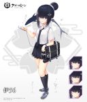  1girl :o air_bubble aixioo anchor_symbol azur_lane bag black_footwear black_hair black_legwear black_neckwear black_skirt blush bubble cellphone character_name closed_eyes collared_shirt commentary_request copyright_name egasumi expressions gradient gradient_background grey_background hair_bun hair_ornament hair_over_eyes hairclip holding holding_cellphone holding_phone i-56_(azur_lane) kneehighs necktie official_art parted_lips phone pleated_skirt pointy_ears purple_eyes ribbed_legwear school_bag school_uniform shirt shoes short_sleeves sidelocks skirt smile standing white_background white_shirt 