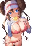  1girl blue_eyes blush bra breasts brown_hair cleavage condom condom_in_mouth covered_navel cowboy_shot double_bun highres large_breasts leaning_forward lifted_by_self looking_at_viewer low_twintails mei_(pokemon) mouth_hold navel panties pink_bra pink_panties pokemon pokemon_(game) shirt_lift smile thighhighs twintails underwear visor_cap yasei_no_chimpanzee 
