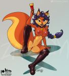  2019 anthro areola arm_support black_clothing black_ears black_footwear black_fur black_nose braided_hair breasts canid canine carmelita_fox clothing collar distracting_watermark eyebrow_through_hair eyebrows female footwear fox fur hair looking_at_viewer mammal multicolored_ears multicolored_fur nipples orange_ears orange_fur orange_tail pussy simple_background sitting sly_cooper_(series) solo sony_corporation sony_interactive_entertainment sucker_punch_productions translucent translucent_hair two_tone_ears video_games watermark zaboom 