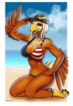  accipitrid accipitriform anthro avian bald_eagle beach beak bikini bird breasts clothing eagle female gesture hat headgear headwear hi_res kneeling looking_at_viewer outside porin salute sea_eagle seaside solo swimwear tattoo 