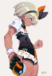  1girl abs bodysuit covered_navel dark_skin gloves grey_eyes grey_hair hairband kodama_(wa-ka-me) pokemon pokemon_(game) pokemon_swsh ribbon saitou_(pokemon) shirt short_hair short_sleeves shorts simple_background solo white_shirt wristband 