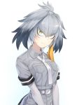  1girl asutora bangs belt blue_background breast_pocket breasts commentary_request elbow_gloves eyebrows_visible_through_hair gloves gradient gradient_background grey_hair grey_shirt hair_between_eyes head_tilt highres kemono_friends large_breasts looking_at_viewer necktie pocket shirt shoebill_(kemono_friends) short_hair short_sleeves solo upper_body v_arms white_background white_gloves white_neckwear yellow_eyes 