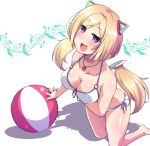  1girl aki_rosenthal alternate_costume apple ball bare_shoulders barefoot beachball bikini blonde_hair breast_hold breasts cleavage collarbone feet floating_hair food fruit hair_ornament highres hololive jewelry kneeling knees looking_at_viewer necklace purple_eyes shadow solo swimsuit tagme thighs twintails virtual_youtuber white_background yoru_no_night 