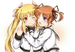  2girls black_ribbon blonde_hair blue_eyes blush brown_hair couple eye_contact fate_testarossa hair_ornament hair_ribbon happy hug long_hair looking_at_another lyrical_nanoha mahou_shoujo_lyrical_nanoha mahou_shoujo_lyrical_nanoha_a&#039;s mikasa-01 multiple_girls neck_ribbon one_eye_closed open_mouth pink_ribbon red_eyes red_ribbon ribbon school_uniform short_hair short_twintails simple_background smile takamachi_nanoha tongue twintails two-tone_background uniform yuri 