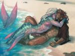  4:3 animal_humanoid beach bodily_fluids body_hair clothing cum cum_on_leg cum_on_stomach digital_media_(artwork) duo erection facial_hair fin fish fish_humanoid french_kissing genital_fluids hair handjob hi_res human human_on_humanoid humanoid humanoid_penis interspecies kissing kukumomo long_hair male male/male mammal marine marine_humanoid merfolk muscular muscular_male nipples open_mouth partially_submerged penile penis red_hair sarybomb seaside sex tapering_penis tongue water white_hair 