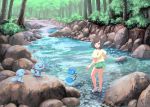  1girl azurill bangs barefoot brown_hair forest full_body gen_2_pokemon green_shorts mizuki_(pokemon) mk_(mikka) nature outdoors pokemon pokemon_(game) pokemon_sm print_shirt river shiny shiny_hair shirt short_hair short_shorts short_sleeves shorts soaking_feet swept_bangs wooper yellow_shirt 