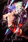  2boys baggy_pants belt black_gloves black_jacket blonde_hair blue_eyes blue_hair chest copyright_name cravat earrings frilled_sleeves frills galo_thymos gloves green_hair highres jacket jewelry lio_fotia male_focus multiple_boys open_mouth ozadomi pants promare purple_eyes shirtless signature smile spiked_hair 