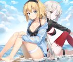  2girls ahoge artist_name back-to-back bangs barefoot bikini black_bikini black_jacket blonde_hair blue_eyes blue_jacket blue_sky braid breasts cleavage closed_mouth collarbone day eyebrows_visible_through_hair fate/grand_order fate_(series) front-tie_top hairband highres ishita_umi jacket jeanne_d&#039;arc_(alter_swimsuit_berserker) jeanne_d&#039;arc_(fate)_(all) jeanne_d&#039;arc_(swimsuit_archer) knee_up knees_up long_braid long_hair looking_at_viewer medium_breasts multiple_girls open_clothes outdoors red_legwear single_braid single_thighhigh sitting sky smile swimsuit thigh_strap thighhighs thighs unzipped very_long_hair wading water yellow_eyes 