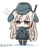  1girl asimo953 bangs blue_eyes blush chibi commentary_request cropped_jacket eyebrows_visible_through_hair flying_sweatdrops garrison_cap hair_between_eyes hat headgear kantai_collection long_hair long_sleeves looking_at_viewer military military_uniform pantyhose puffy_long_sleeves puffy_sleeves school_swimsuit simple_background solo standing swimsuit swimsuit_under_clothes u-511_(kantai_collection) uniform white_background white_hair 