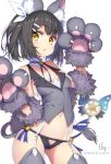  1girl animal_ears bangs bare_shoulders bell black_hair black_panties blue_ribbon blush breasts cat_ears cat_tail fate/kaleid_liner_prisma_illya fate_(series) fur_trim garter_straps gloves grey_gloves grey_legwear grey_vest hair_ornament hair_ribbon hairclip hands hands_up hong_(white_spider) jingle_bell long_hair looking_at_viewer magical_sapphire miyu_edelfelt navel open_mouth panties paw_gloves paws ribbon small_breasts tail thighhighs twintails underwear vest wand white_ribbon wrist_cuffs yellow_eyes 