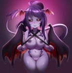  big_breasts black_sclera breasts demon dk- female hair humanoid invalid_tag looking_at_viewer nipples purple_skin pussy red_eyes solo straps tongue tongue_out wide_hips wings 