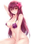  1girl arm_up bangs bare_arms bare_shoulders between_legs bikini_top blush bottomless breasts cleavage collarbone commentary_request eyebrows_visible_through_hair fate/grand_order fate_(series) flower groin hair_between_eyes hair_flower hair_ornament hand_between_legs large_breasts navel nikoo purple_bikini_top purple_hair red_eyes red_flower scathach_(fate)_(all) scathach_(swimsuit_assassin)_(fate) simple_background solo white_background 