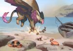  arthropod avian beach beak boat crab crustacean decapoda detailed_background eyes_closed gryphon malacostracan marine open_mouth sea seaside stealthnachos vehicle water wings 