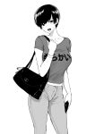  1girl bag bracelet breasts casual cellphone clothes_writing commentary denim english_commentary greyscale handbag highres holding holding_phone jeans jewelry looking_at_viewer medium_breasts monochrome norman_maggot olive_laurentia open_mouth original pants phone pixie_cut shirt short_hair simple_background solo t-shirt white_background 