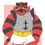  anthro blush clothing fur green_eyes hi_res incineroar jumperbear male nintendo pok&eacute;mon pok&eacute;mon_(species) red_fur simple_background solo underwear video_games 