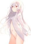  1girl bags_under_eyes bangs bottomless commentary_request dress_shirt groin hair_between_eyes highres long_hair navel no_pussy open_clothes open_shirt original otokuyou red_eyes scar shiroi_ko_(otokuyou) shirt simple_background sleeves_past_wrists stitches white_background white_hair white_shirt wing_collar 