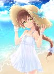  1girl bangs bare_shoulders beach blue_sky braid brown_hair cloud collarbone cowboy_shot day dress eiyuu_densetsu flat_chest green_eyes hair_between_eyes hair_ribbon hakuleg hands_on_headwear hat long_hair looking_at_viewer ocean outdoors ribbon sen_no_kiseki sky smile solo straw_hat sundress towa_herschel water white_dress white_ribbon 