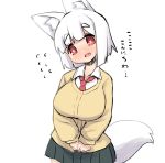  1girl :d animal_ear_fluff animal_ears blush breasts brown_cardigan cardigan collarbone collared_shirt commentary_request fang flying_sweatdrops fox_ears fox_girl fox_tail green_skirt head_tilt large_breasts long_sleeves nose_blush open_mouth original pleated_skirt red_eyes red_neckwear shirt short_eyebrows short_hair simple_background skirt sleeves_past_wrists smile solo tail thick_eyebrows translation_request u-non_(annon&#039;an) white_background white_hair white_shirt 