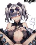  1boy 1girl animal_ears arknights bangs bare_shoulders blush breasts chunk-san cleavage_cutout clenched_hand covered_nipples drooling eyebrows_visible_through_hair eyes_visible_through_hair eyewear_on_head grey_eyes grin highres large_breasts paizuri penis short_hair silver_hair simple_background smile solo_focus sunglasses twintails white_background 