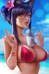  ahri_(lol) animal_humanoid beverage big_breasts bikini black_hair breasts bubble_tea canid canid_humanoid canine canine_humanoid cleavage clothed clothing female fox_humanoid hair hands-free_bubble_tea humanoid league_of_legends looking_at_viewer mammal mammal_humanoid meme olchas riot_games solo swimwear video_games 