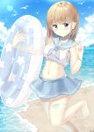  1girl 7_calpis_7 bangs bare_arms bare_shoulders barefoot beach blue_eyes blue_sailor_collar blue_skirt blue_sky blush breasts brown_hair cleavage cleavage_cutout closed_mouth cloud cloudy_sky collarbone commentary_request crop_top day eyebrows_visible_through_hair fingernails hair_ornament hairclip hand_up highres holding horizon innertube long_hair medium_breasts midriff navel ocean original outdoors pleated_skirt sailor_collar sand school_uniform serafuku shirt signature skindentation skirt sky sleeveless sleeveless_shirt smile solo standing standing_on_one_leg star star_hair_ornament toenails transparent v water white_shirt 