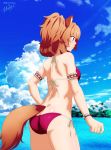  1girl absurdres animal_ears ass bare_arms bare_back bare_shoulders benjoerres bikini blush breasts brown_hair cloud commentary day english_commentary highres huge_filesize long_hair outdoors ponytail raccoon_ears raccoon_girl raccoon_tail raphtalia red_bikini solo swimsuit tail tate_no_yuusha_no_nariagari water 