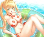  1girl absurdres bikini blonde_hair blush breasts eyebrows_visible_through_hair fate/grand_order fate_(series) food green_eyes highres large_breasts long_hair lotpi nero_claudius_(fate)_(all) nero_claudius_(swimsuit_caster)_(fate) petals popsicle side-tie_bikini solo striped striped_bikini swimsuit twintails water wet 