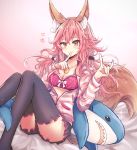 1girl absurdres animal_ear_fluff animal_ears black_legwear blush bra breasts cleavage collarbone eyebrows_visible_through_hair fate/grand_order fate_(series) fox_ears fox_girl fox_shadow_puppet fox_tail heart highres ikea_shark jacket large_breasts long_hair looking_at_viewer nail_polish open_clothes open_jacket pink_bra pink_hair shark smile solo stuffed_animal stuffed_shark stuffed_toy tail tamamo_(fate)_(all) tamamo_no_mae_(fate) underwear yazuishou_ray yellow_eyes 