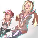  2girls absurdres ahoge aki_rosenthal animal ass bare_shoulders blonde_hair breasts cherry_blossoms cleavage collarbone covering covering_crotch embarrassed eyebrows_visible_through_hair floating_hair green_eyes hair_ornament hairclip highres hololive minecraft multiple_girls open_mouth pink_hair purple_eyes red_eyes ryuugan sakura_miko side_ponytail striped striped_legwear tagayasukou thighhighs thighs twintails virtual_youtuber white_background wolf_(minecraft) 