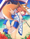 1girl absurdres animal_ear_fluff animal_ears ass bangs beach beach_umbrella bikini blue_bikini blue_sky bracelet brown_eyes cloud commentary_request day eyebrows_visible_through_hair fate/grand_order fate_(series) flower fox_ears fox_girl fox_tail haritaroxyx hat hibiscus highres holding innertube jewelry long_hair looking_at_viewer looking_back ocean outdoors pink_hair see-through shiny shiny_skin shirt shore sky solo straw_hat sun_hat swimsuit t-shirt tail tamamo_(fate)_(all) tamamo_no_mae_(fate) tamamo_no_mae_(swimsuit_lancer)_(fate) thighs umbrella water water_drop wet 