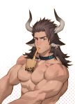  1boy abs amo9612 animal_ears arknights bara brown_eyes brown_hair bubble_tea bubble_tea_challenge character_request chest cow_ears cup disposable_cup drinking_straw earrings highres horns jewelry long_hair looking_at_viewer male_focus muscle nipples nude pectorals simple_background standing upper_body veins white_background 